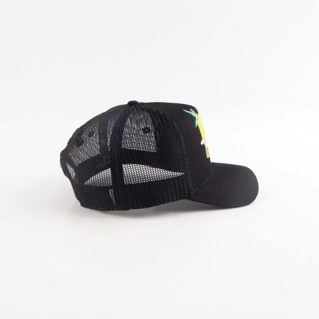 Black baseball cap with colorful design on a white background