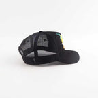Black baseball cap with colorful design on a white background