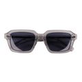 Sunglasses with a gray frame and blue lenses on a white background