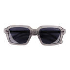 Sunglasses with a gray frame and blue lenses on a white background
