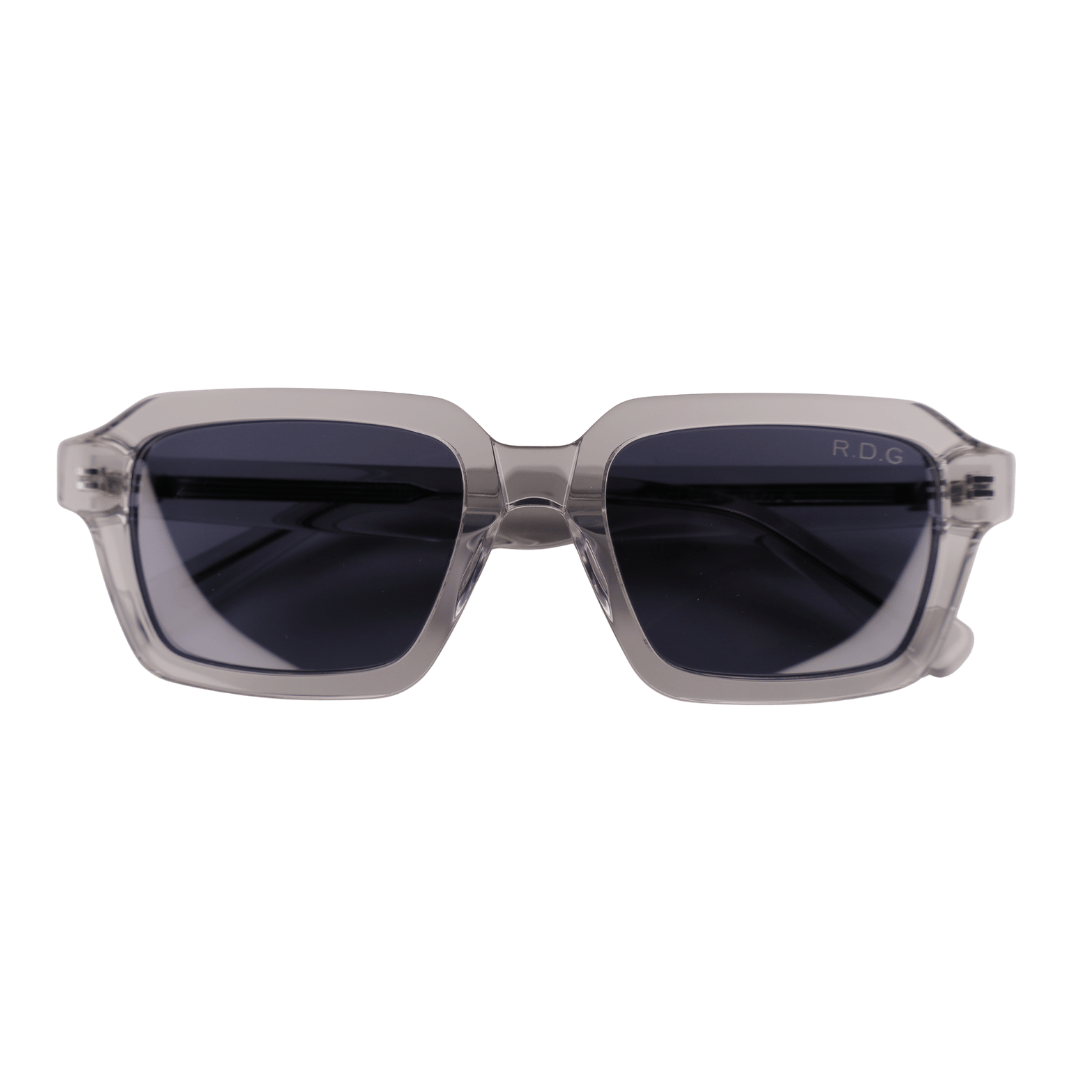 Sunglasses with a gray frame and blue lenses on a white background