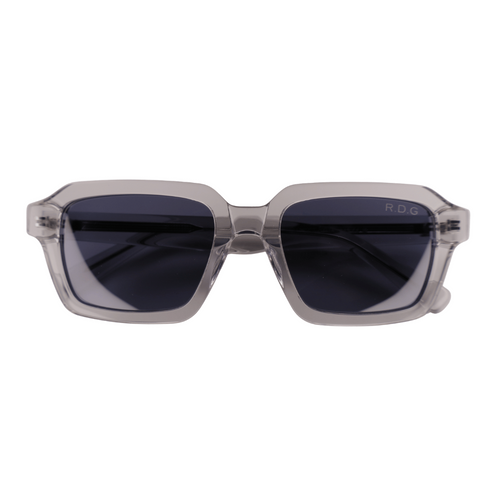 Sunglasses with a gray frame and blue lenses on a white background