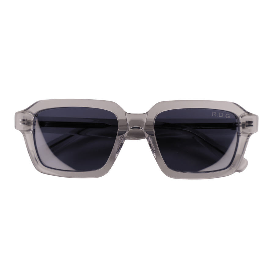 Sunglasses with a gray frame and blue lenses on a white background