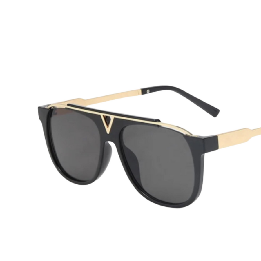 Black aviator-style sunglasses with dark lenses, gold metal accents, and a gold triangular logo on the bridge, shown on a plain white background.