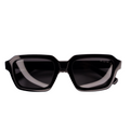 Black square sunglasses with a glossy acetate frame and dark lenses, featuring a small white 'HUG' logo on the upper right lens, shown against a plain white background.