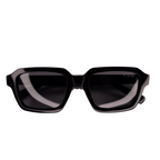 Black square sunglasses with a glossy acetate frame and dark lenses, featuring a small white 'HUG' logo on the upper right lens, shown against a plain white background.