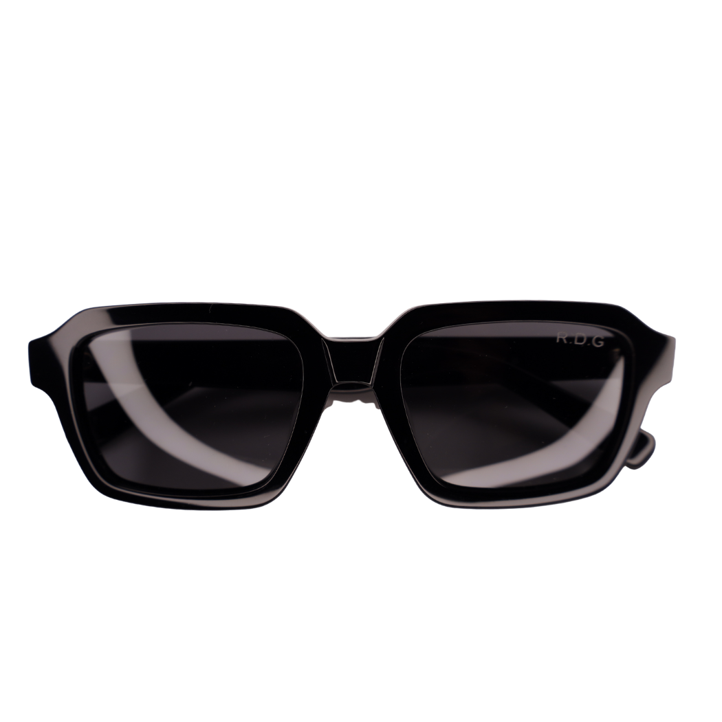 Black square sunglasses with a glossy acetate frame and dark lenses, featuring a small white 'HUG' logo on the upper right lens, shown against a plain white background.