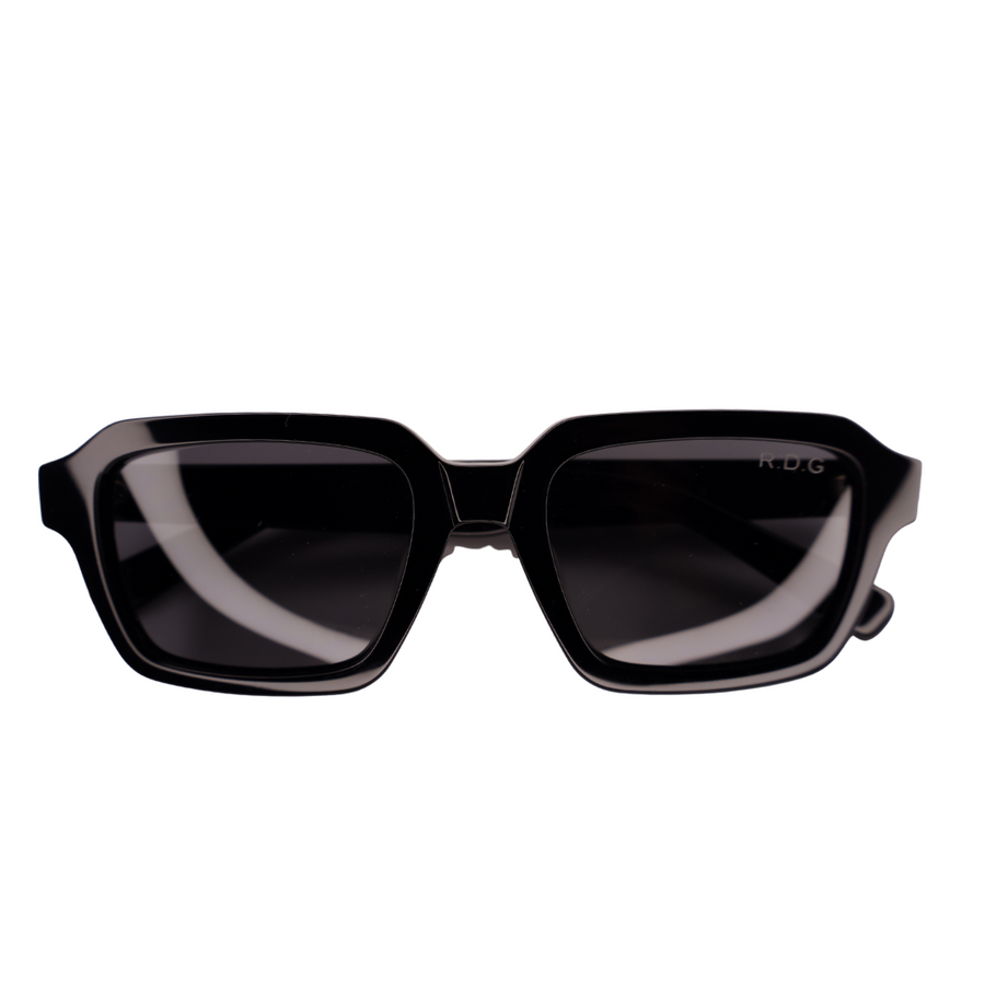 Black square sunglasses with a glossy acetate frame and dark lenses, featuring a small white 'HUG' logo on the upper right lens, shown against a plain white background.